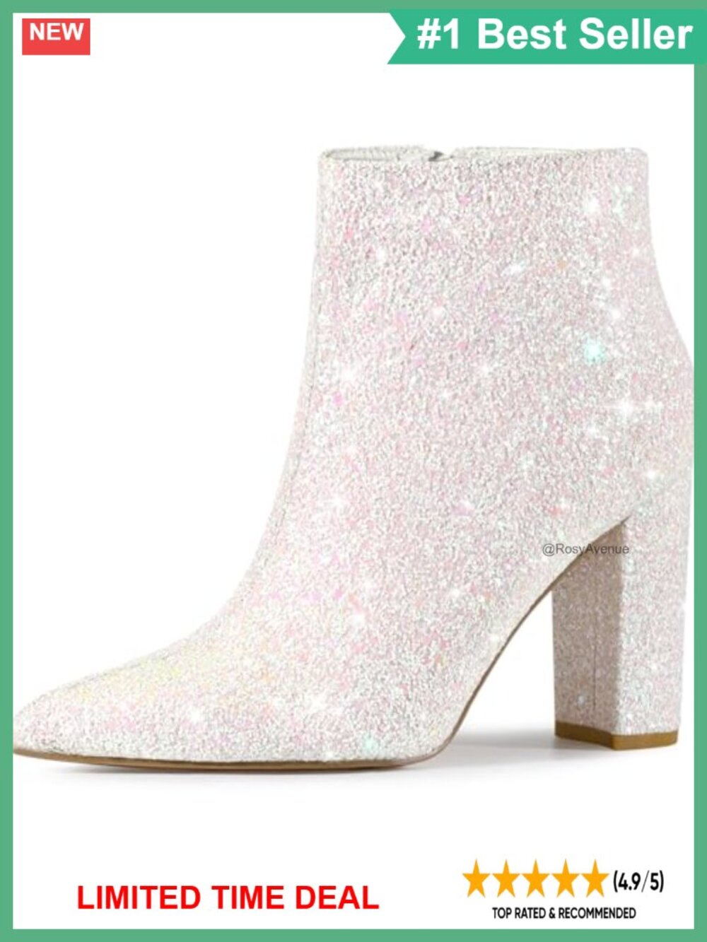 Perphy Women's Chunky Heels Ankle Boots Sparkly Pointed Toe Side Zip